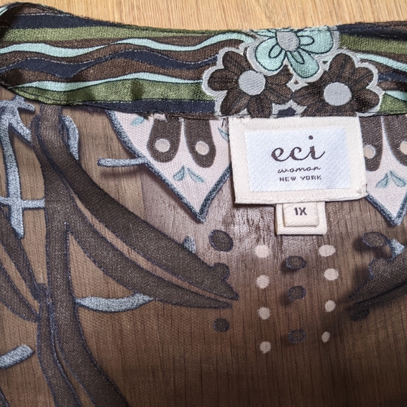 Eci 1X silk burnout tunic top tie backs fit & flare blue brown sheer Boho blouse - Picture 6 of 6